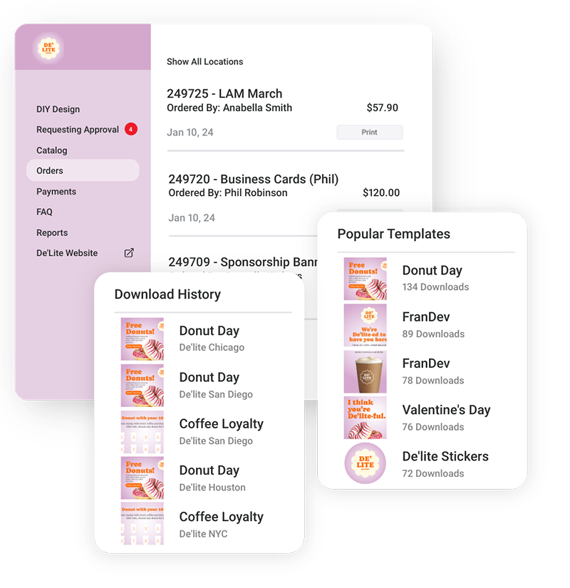 Franchisee Reports interface showing Order History, Download History and Popular Templates